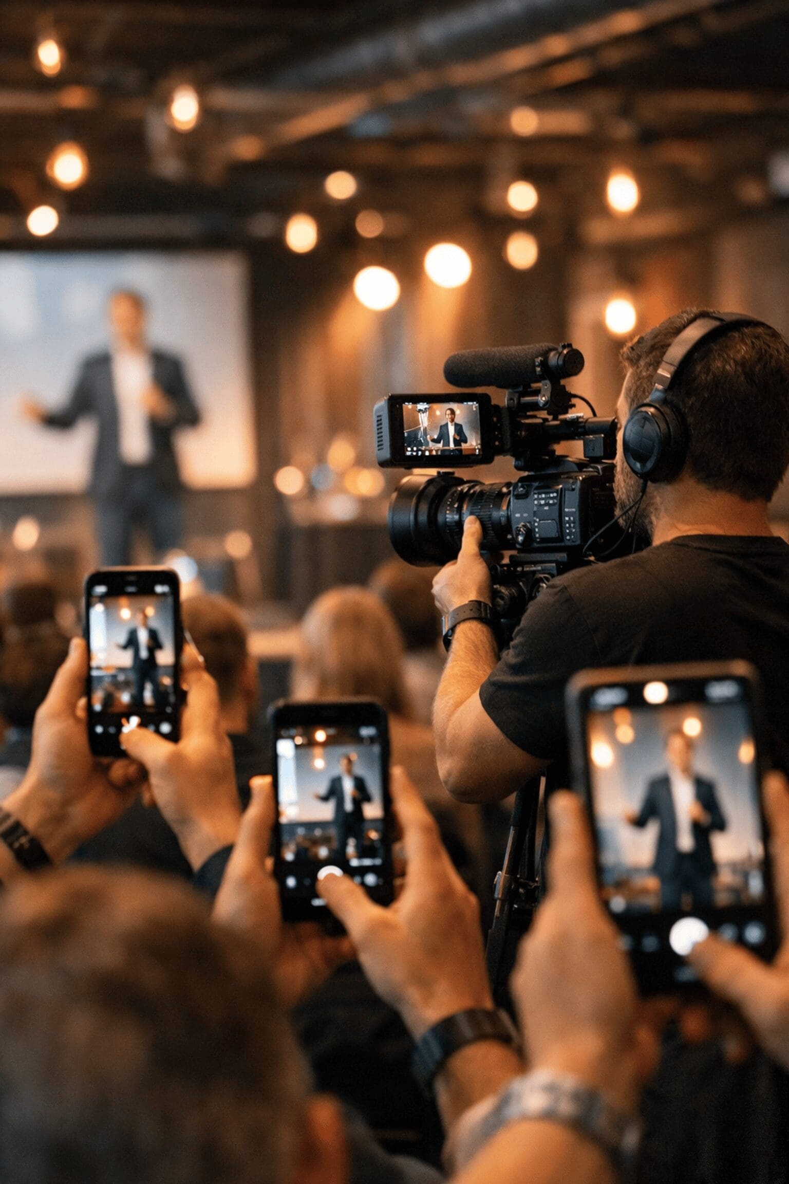 Videographer filming corporate event speaker while attendees capture social media clips