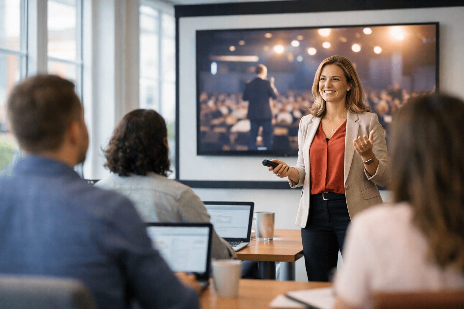 Business presentation using corporate event video in modern Nashville training room